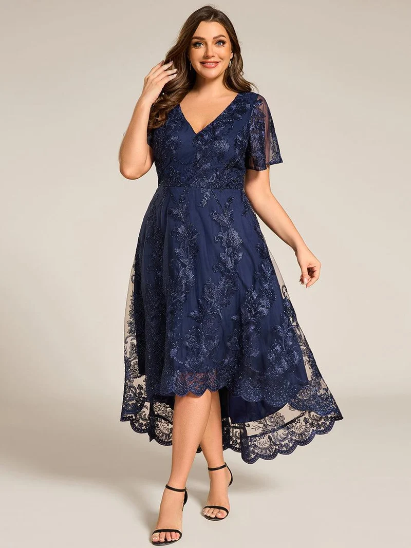 ever TIDAL|Robe invitée mariage mi-longue à manches courtes et col en V double en maille brodée