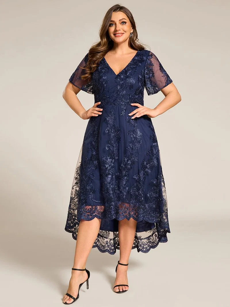 ever TIDAL|Robe invitée mariage mi-longue à manches courtes et col en V double en maille brodée