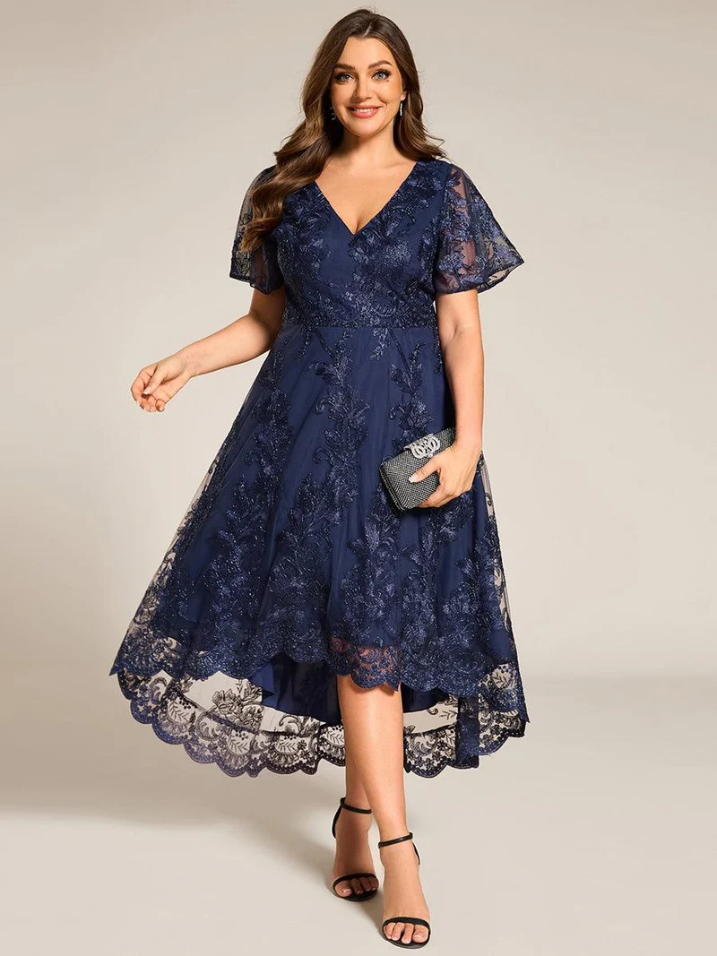 ever TIDAL|Robe invitée mariage mi-longue à manches courtes et col en V double en maille brodée