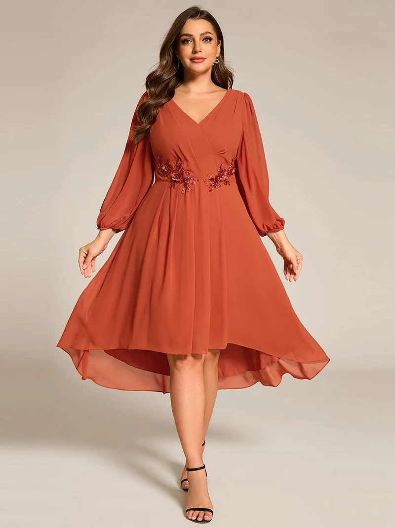 pretty AELINA|Robe invitée mariage en mousseline à manches longues et col en V grande taille(Vente finale)