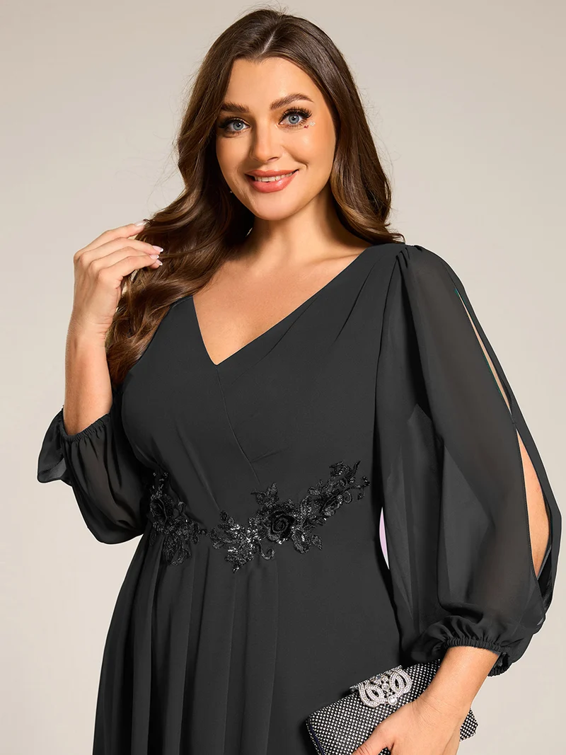 pretty AELINA|Robe invitée mariage en mousseline à manches longues et col en V grande taille(Vente finale)