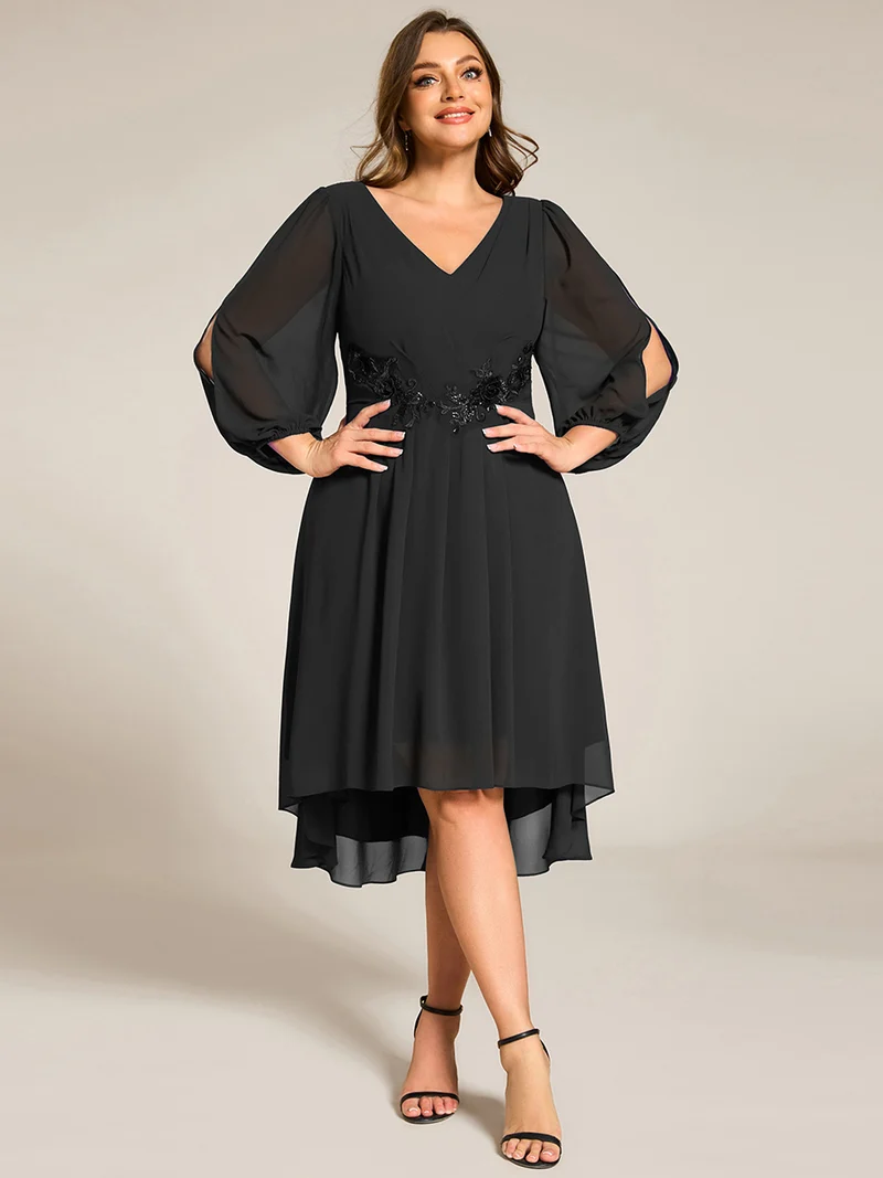 pretty AELINA|Robe invitée mariage en mousseline à manches longues et col en V grande taille(Vente finale)