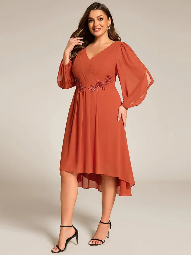 pretty AELINA|Robe invitée mariage en mousseline à manches longues et col en V grande taille(Vente finale)