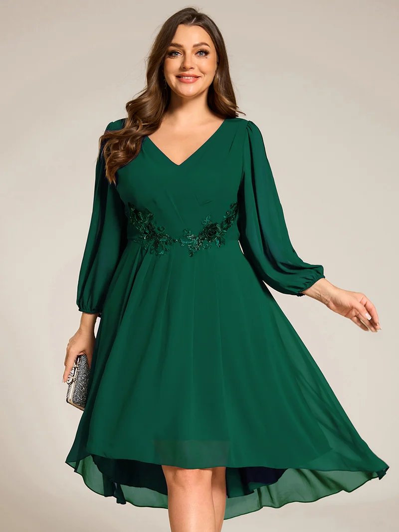 pretty AELINA|Robe invitée mariage en mousseline à manches longues et col en V grande taille(Vente finale)