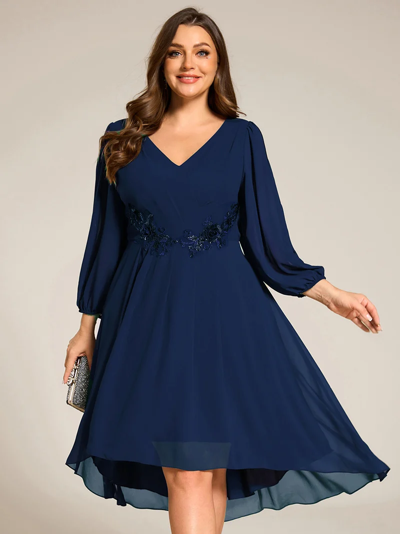 pretty AELINA|Robe invitée mariage en mousseline à manches longues et col en V grande taille(Vente finale)