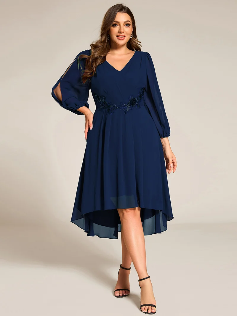 pretty AELINA|Robe invitée mariage en mousseline à manches longues et col en V grande taille(Vente finale)
