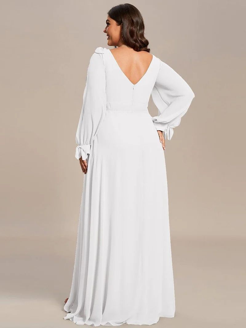 pretty IVORY|Robe de demoiselle d'honneur fendue à manches longues et col en V de grande taille