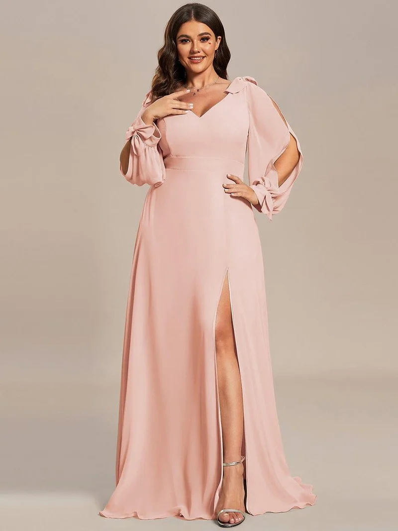 pretty IVORY|Robe de demoiselle d'honneur fendue à manches longues et col en V de grande taille