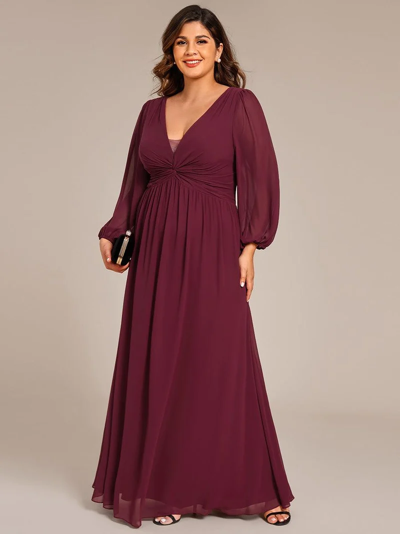 pretty TRU|Robe de soirée formelle en mousseline de soie à manches longues et coupe trapèze grande taille