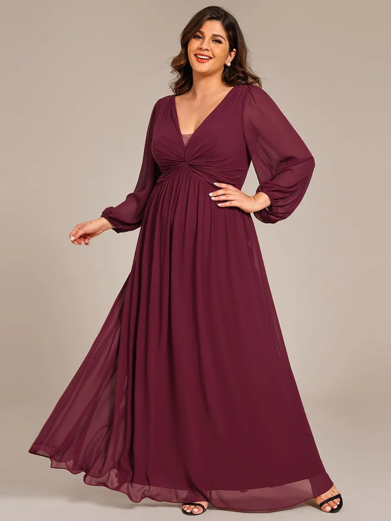 pretty TRU|Robe de soirée formelle en mousseline de soie à manches longues et coupe trapèze grande taille