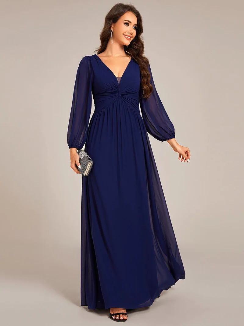 ever TRU|Robe de soirée élégante en mousseline de soie à manches longues et plissée