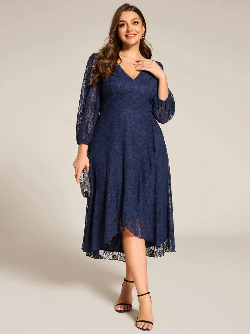 pretty CAMILLE|Robe d'invité de mariage à manches longues et col en V en dentelle de grande taille