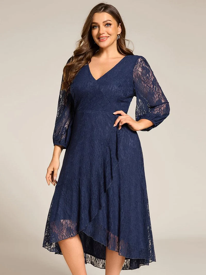 pretty CAMILLE|Robe d'invité de mariage à manches longues et col en V en dentelle de grande taille