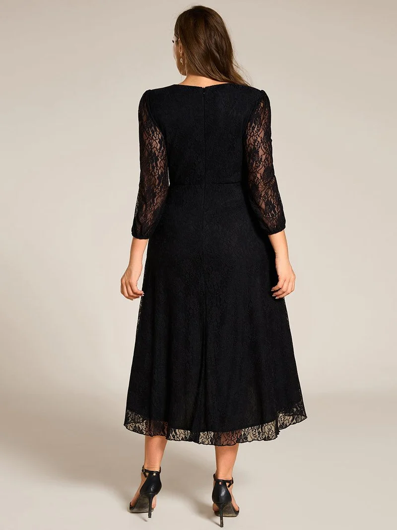 pretty CAMILLE|Robe d'invité de mariage à manches longues et col en V en dentelle de grande taille