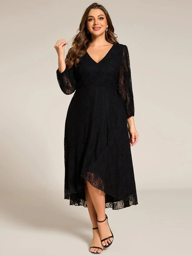 pretty CAMILLE|Robe d'invité de mariage à manches longues et col en V en dentelle de grande taille