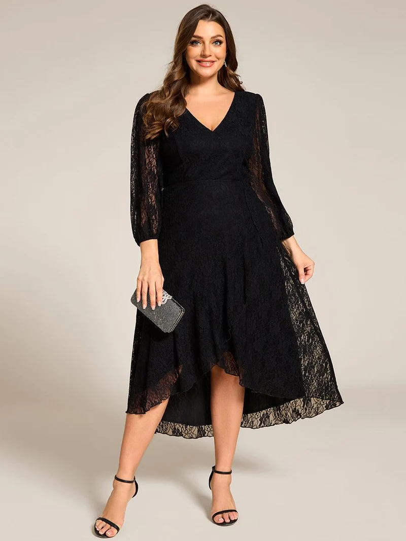 pretty CAMILLE|Robe d'invité de mariage à manches longues et col en V en dentelle de grande taille
