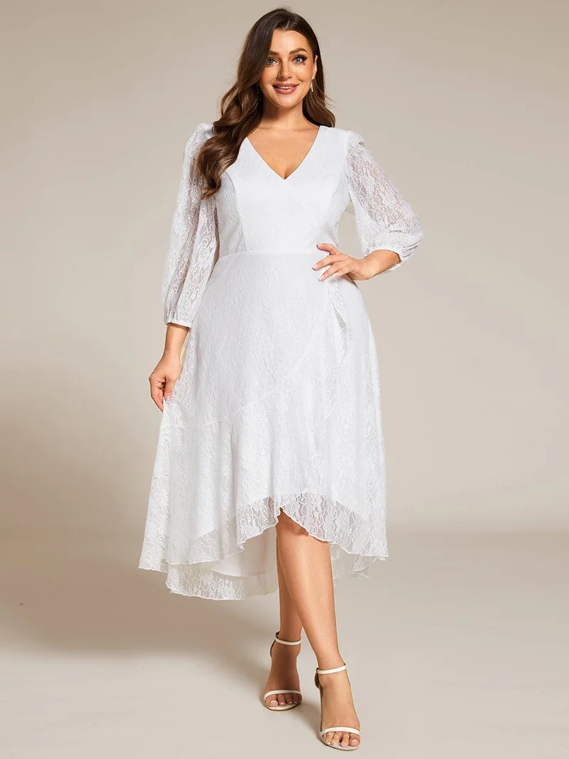 pretty CAMILLE|Robe d'invité de mariage à manches longues et col en V en dentelle de grande taille
