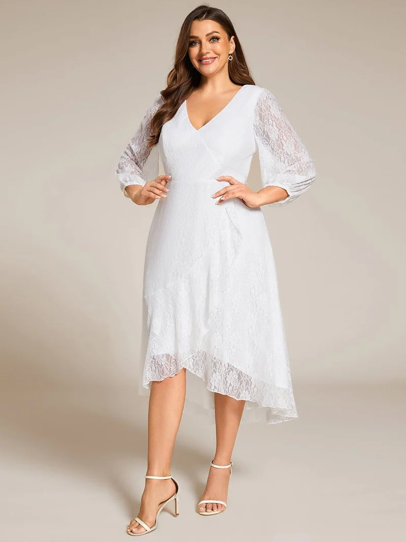 pretty CAMILLE|Robe d'invité de mariage à manches longues et col en V en dentelle de grande taille