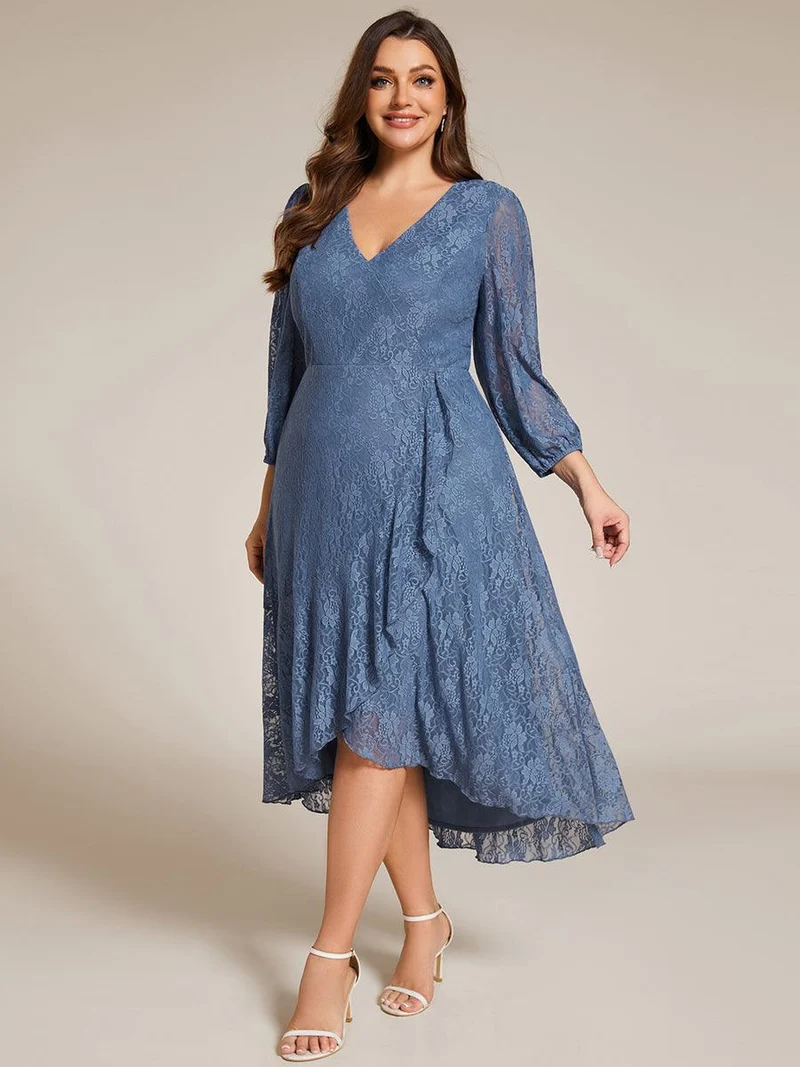 pretty CAMILLE|Robe d'invité de mariage à manches longues et col en V en dentelle de grande taille