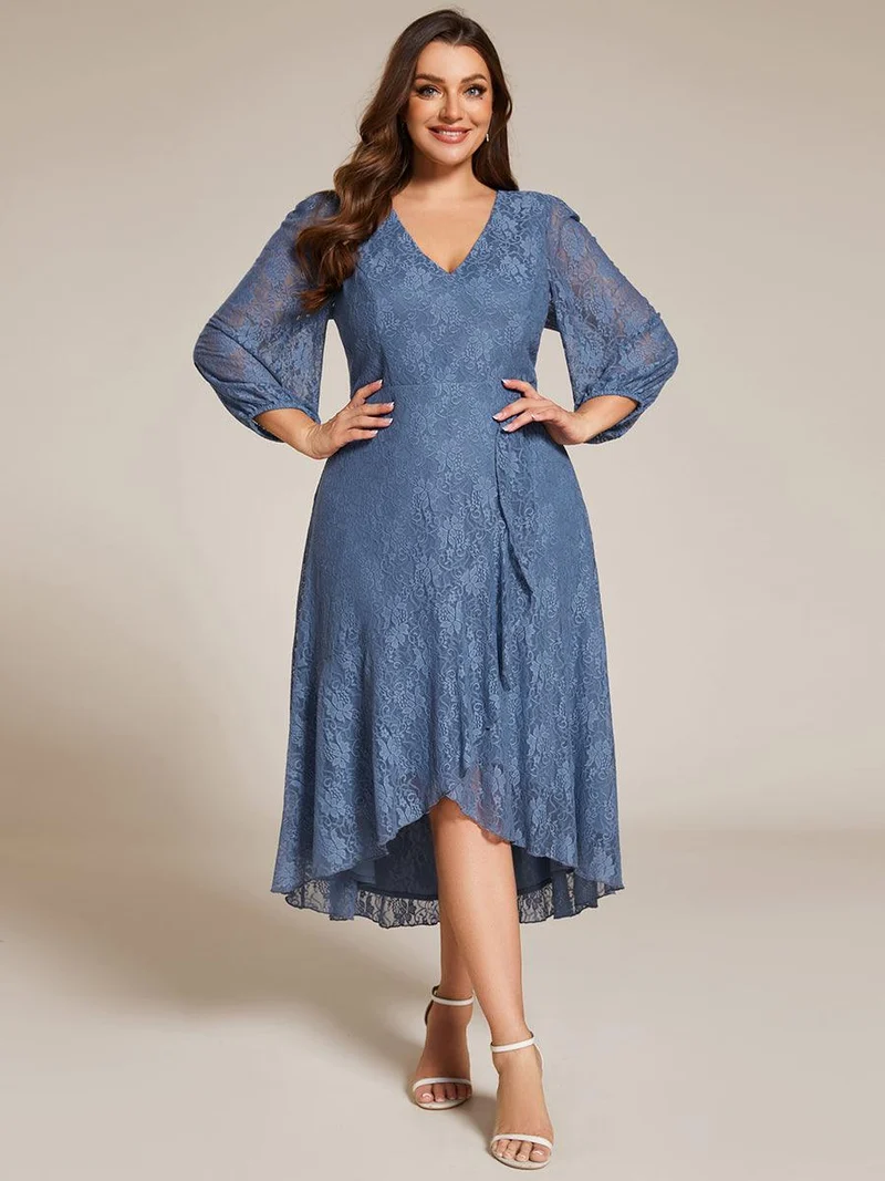 pretty CAMILLE|Robe d'invité de mariage à manches longues et col en V en dentelle de grande taille