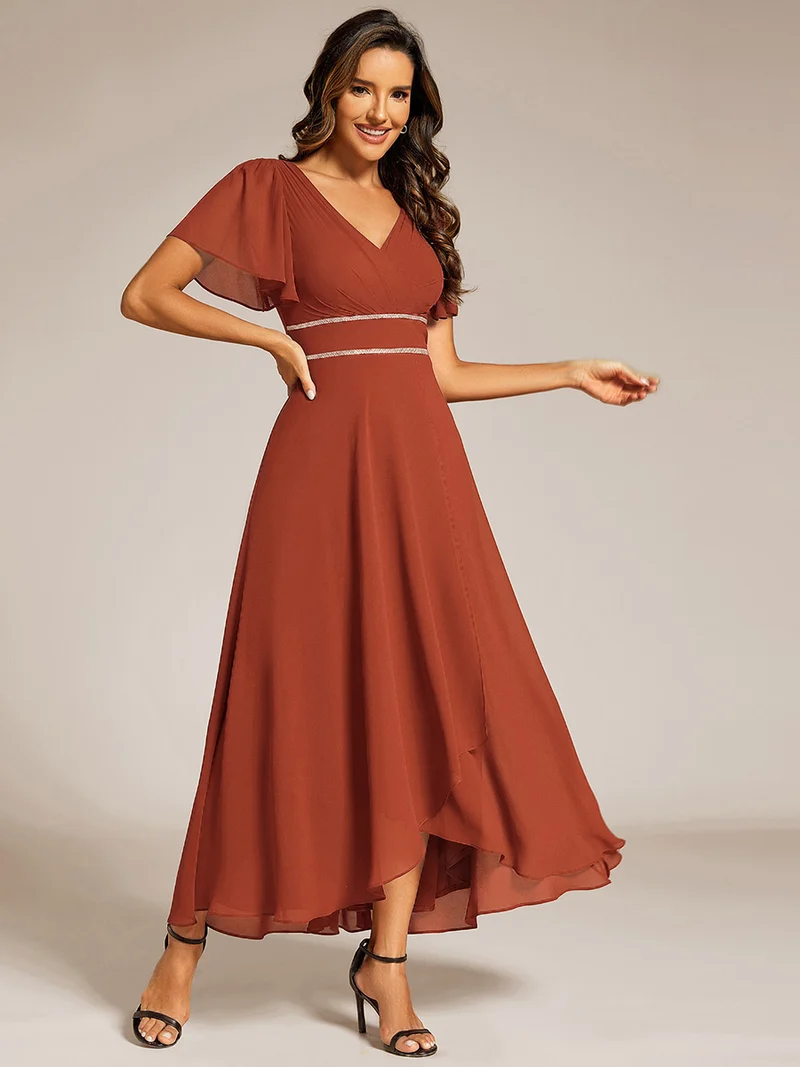 ever DAKOTA|Robe de soirée formelle en mousseline de soie à double col en V et taille ajustée