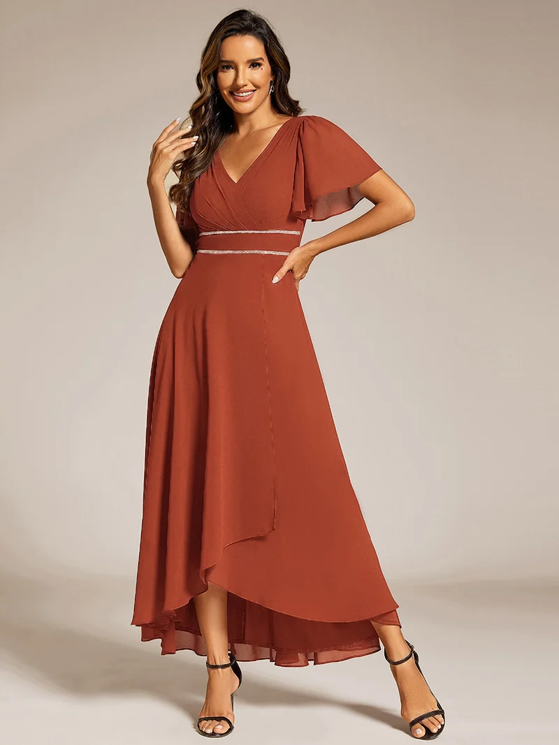 ever DAKOTA|Robe de soirée formelle en mousseline de soie à double col en V et taille ajustée