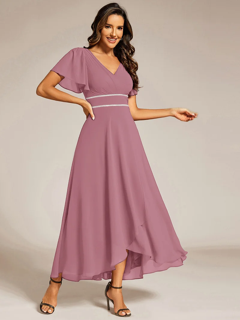 ever DAKOTA|Robe de soirée formelle en mousseline de soie à double col en V et taille ajustée