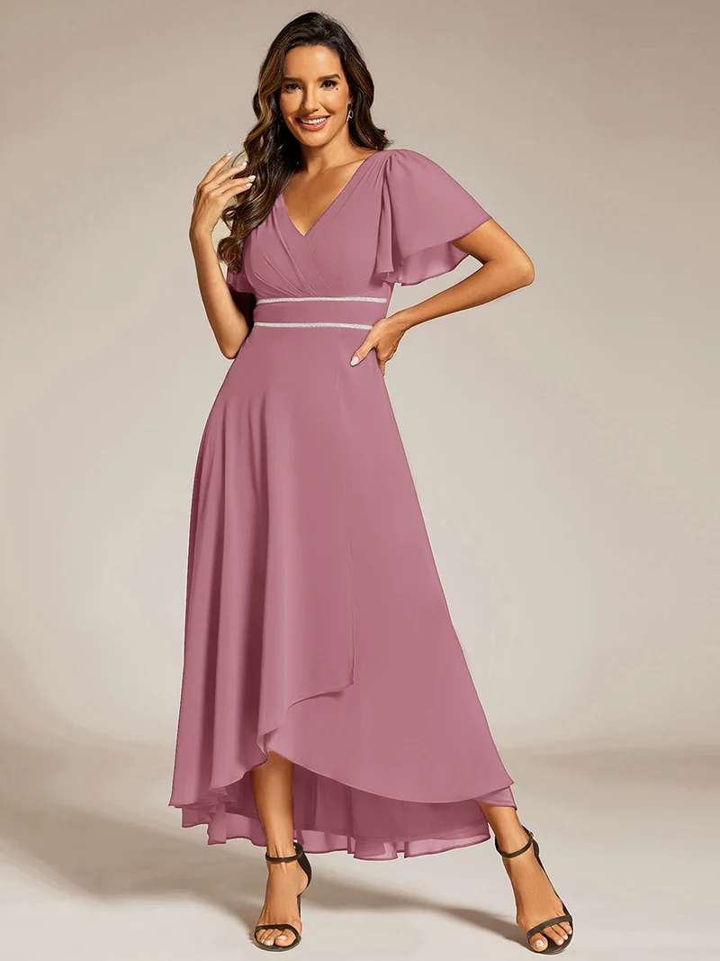 ever DAKOTA|Robe de soirée formelle en mousseline de soie à double col en V et taille ajustée