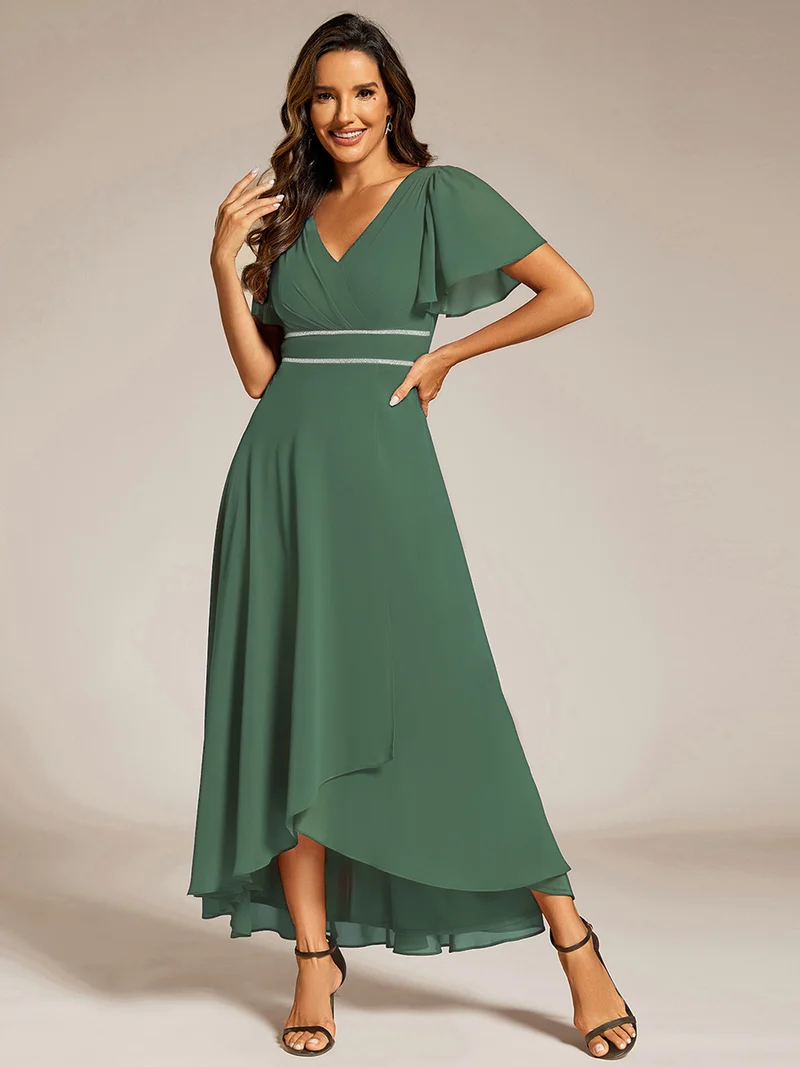 ever DAKOTA|Robe de soirée formelle en mousseline de soie à double col en V et taille ajustée