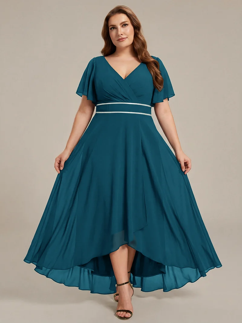 ever DAKOTA|Robe de soirée formelle en mousseline de soie à double col en V et taille ajustée