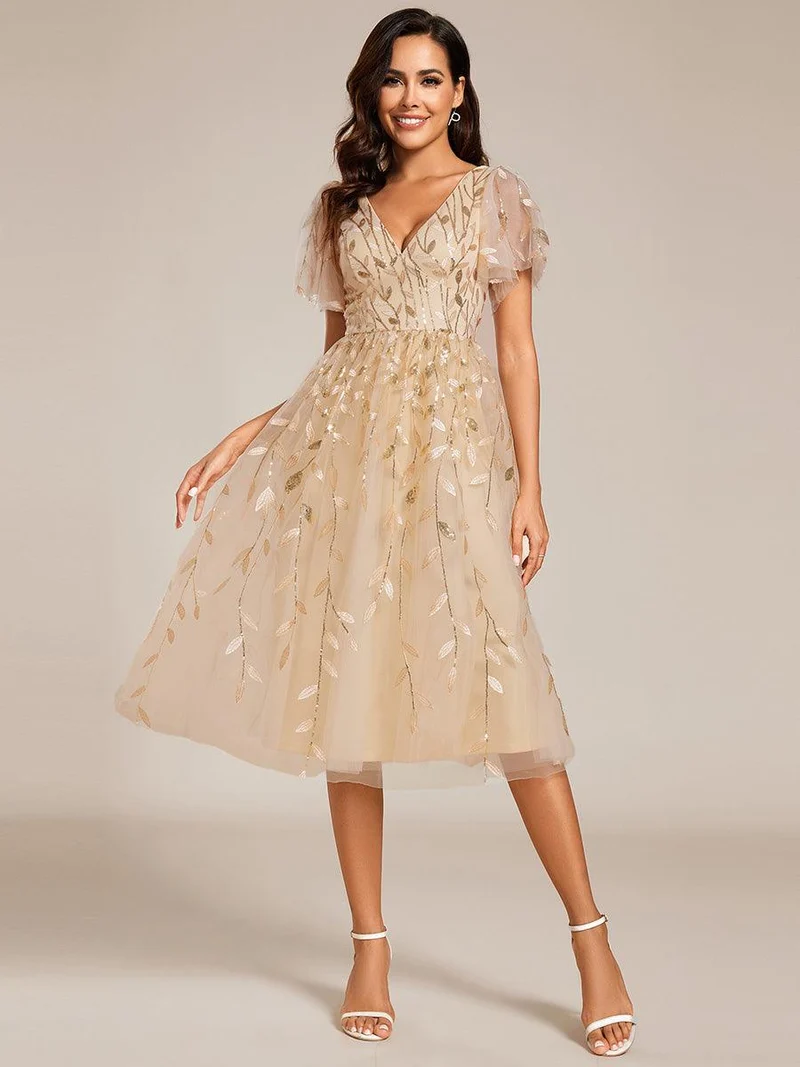 ever SIMONE|Robe d'invité de mariage formelle mi-longue à paillettes et feuilles à manches courtes