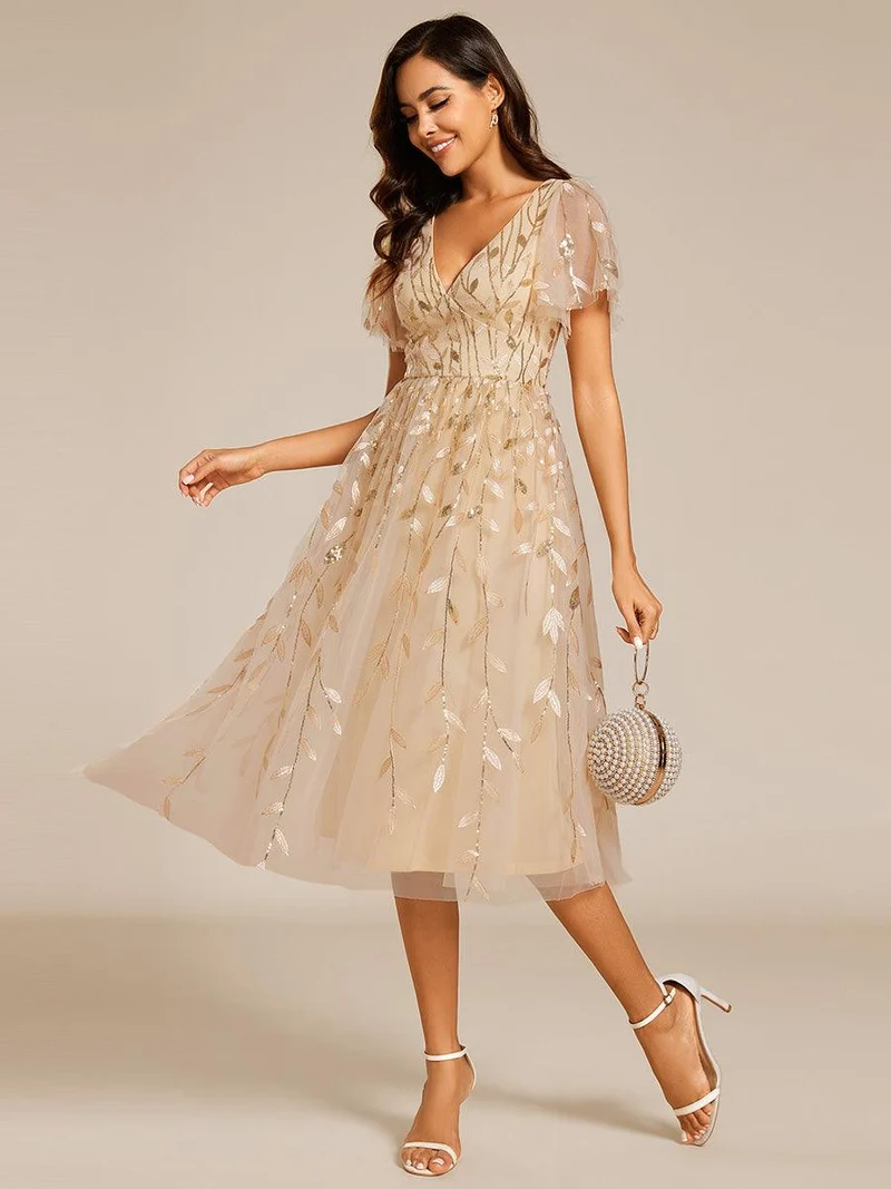 ever SIMONE|Robe d'invité de mariage formelle mi-longue à paillettes et feuilles à manches courtes