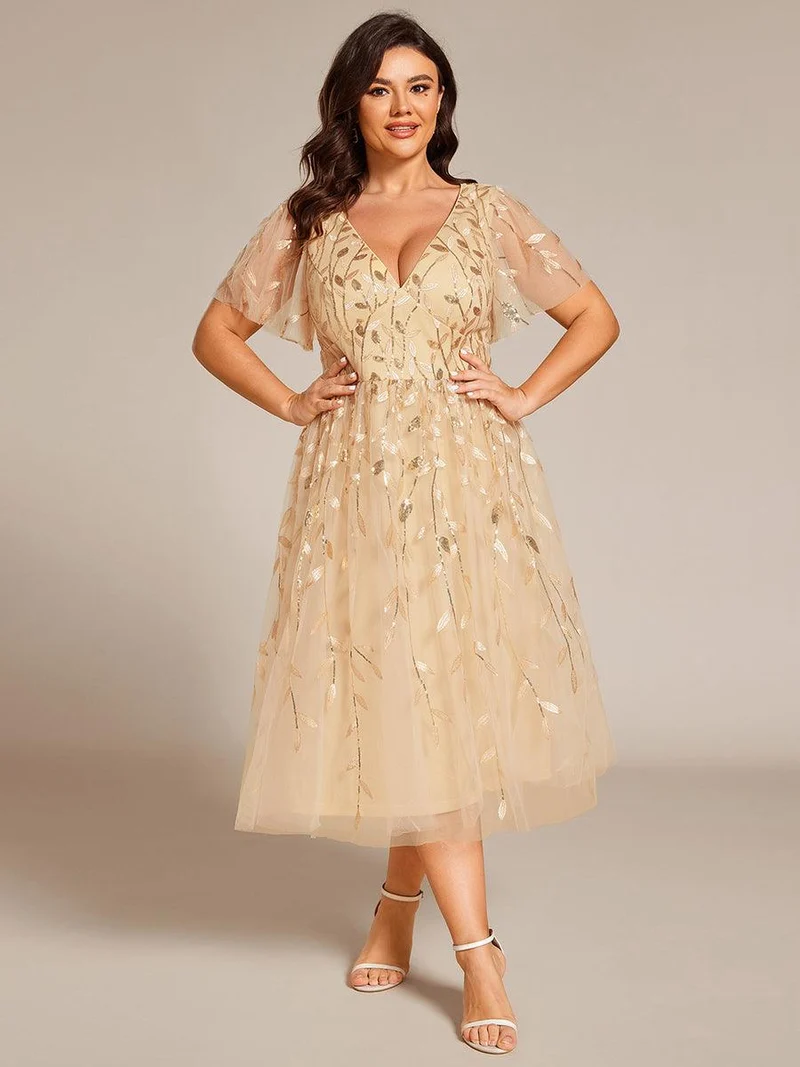 ever SIMONE|Robe d'invité de mariage formelle mi-longue à paillettes et feuilles à manches courtes