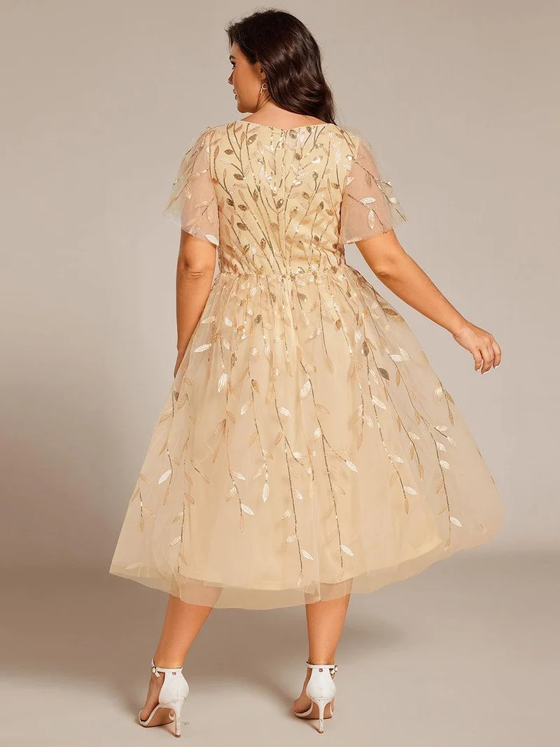 ever SIMONE|Robe d'invité de mariage formelle mi-longue à paillettes et feuilles à manches courtes