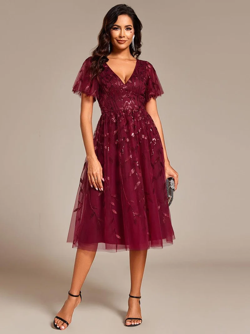 ever SIMONE|Robe d'invité de mariage formelle mi-longue à paillettes et feuilles à manches courtes