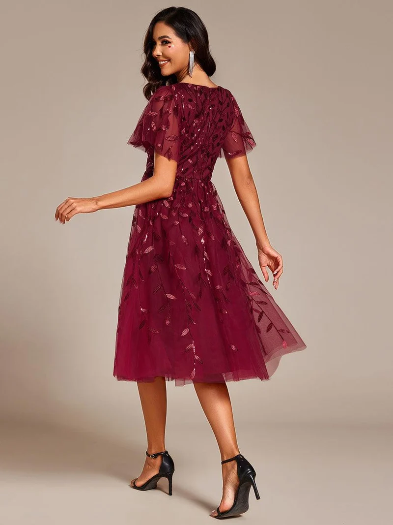 ever SIMONE|Robe d'invité de mariage formelle mi-longue à paillettes et feuilles à manches courtes