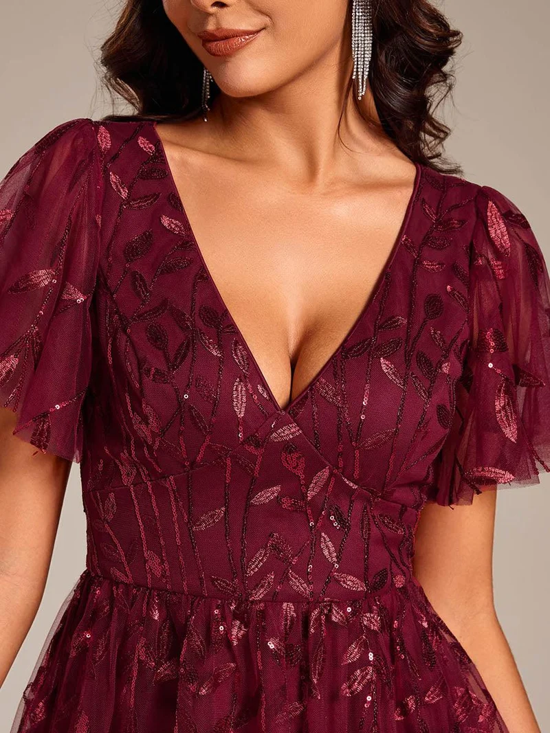 ever SIMONE|Robe d'invité de mariage formelle mi-longue à paillettes et feuilles à manches courtes
