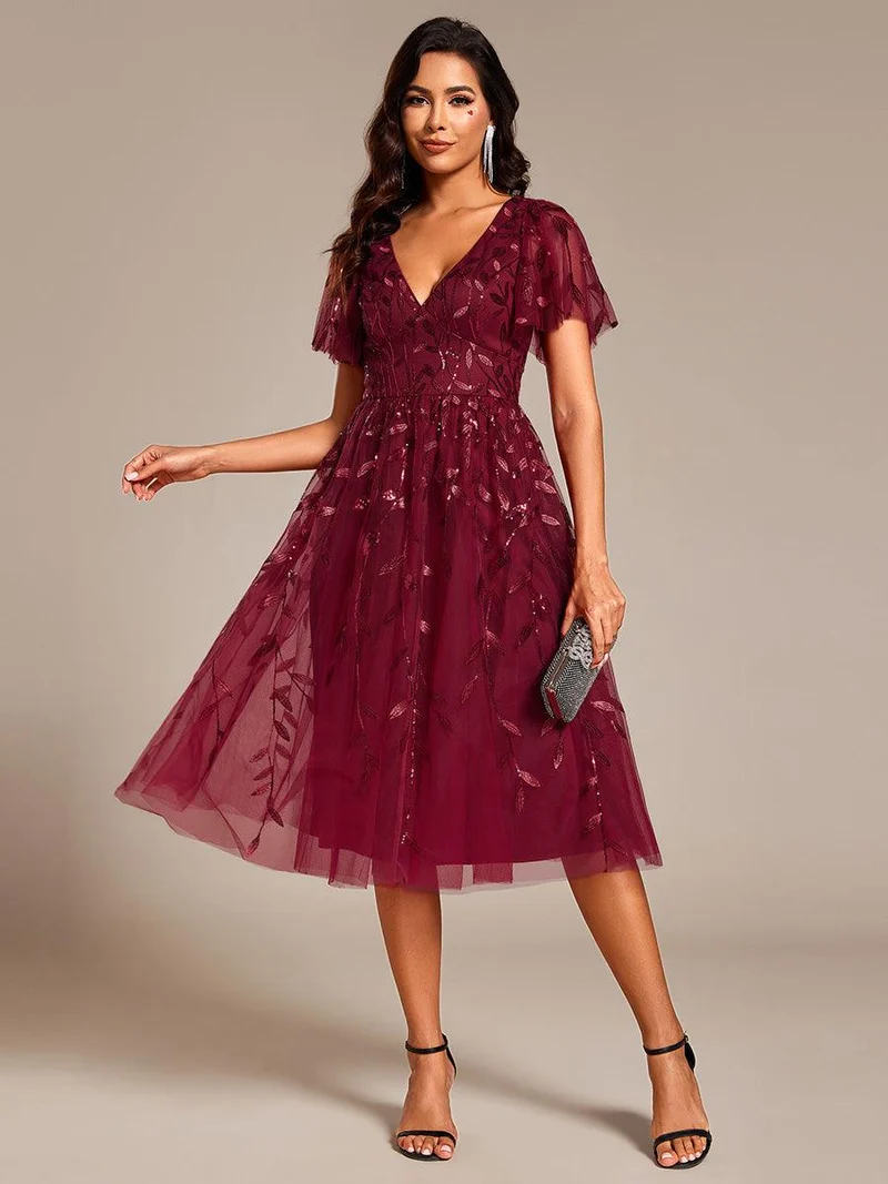 ever SIMONE|Robe d'invité de mariage formelle mi-longue à paillettes et feuilles à manches courtes