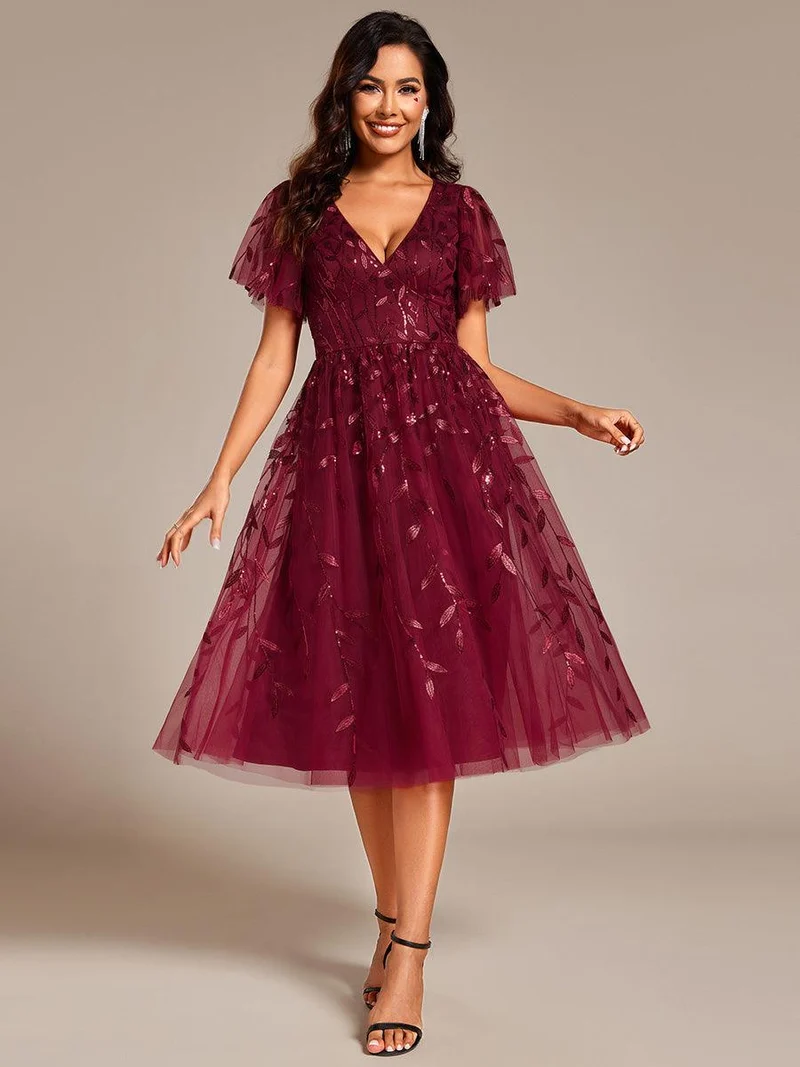 ever SIMONE|Robe d'invité de mariage formelle mi-longue à paillettes et feuilles à manches courtes