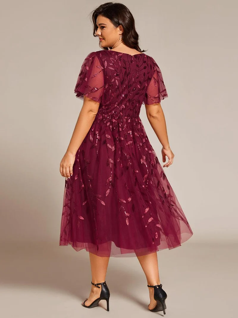 ever SIMONE|Robe d'invité de mariage formelle mi-longue à paillettes et feuilles à manches courtes