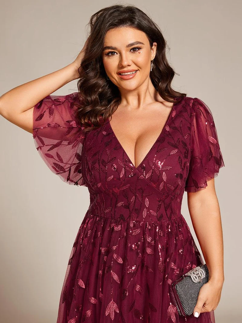 ever SIMONE|Robe d'invité de mariage formelle mi-longue à paillettes et feuilles à manches courtes