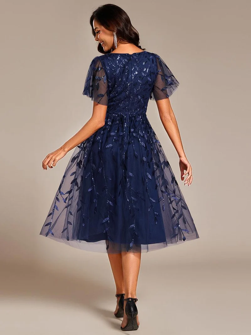 ever SIMONE|Robe d'invité de mariage formelle mi-longue à paillettes et feuilles à manches courtes