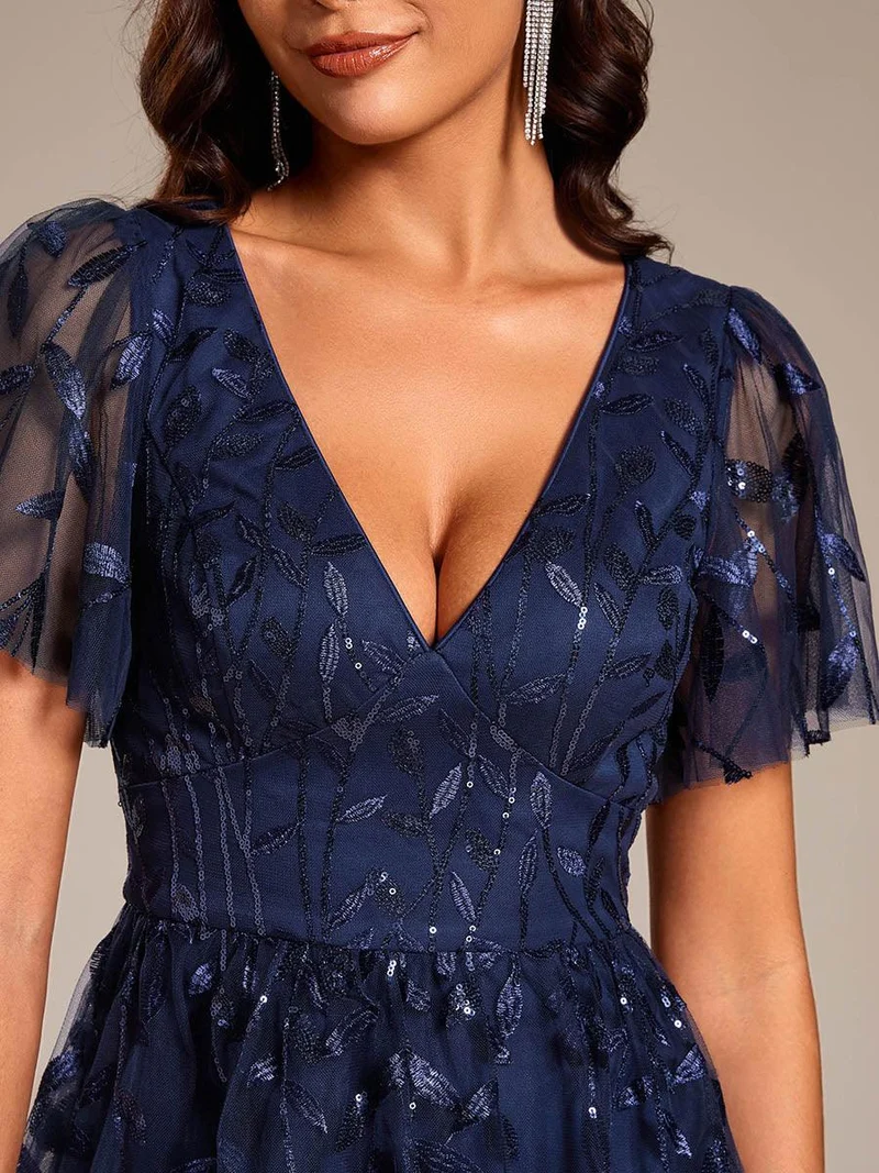 ever SIMONE|Robe d'invité de mariage formelle mi-longue à paillettes et feuilles à manches courtes