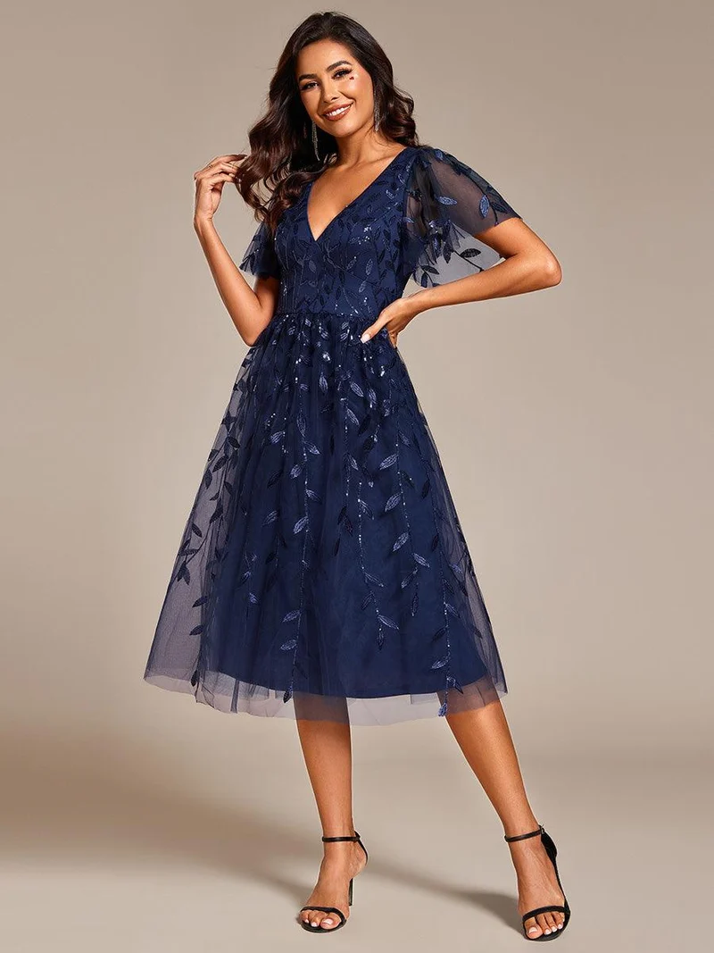 ever SIMONE|Robe d'invité de mariage formelle mi-longue à paillettes et feuilles à manches courtes