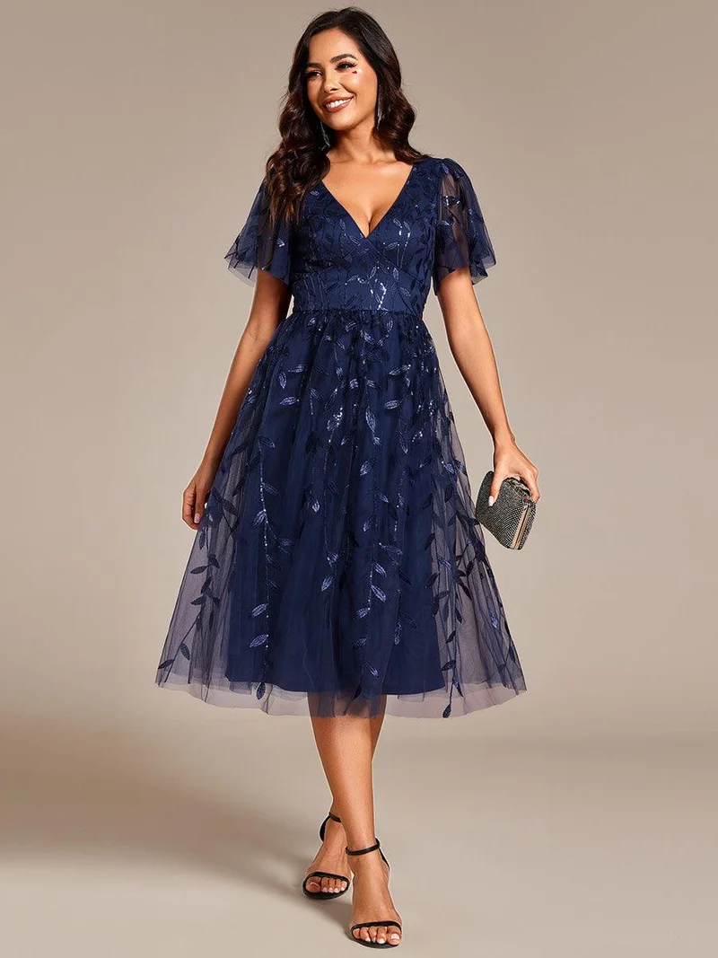 ever SIMONE|Robe d'invité de mariage formelle mi-longue à paillettes et feuilles à manches courtes