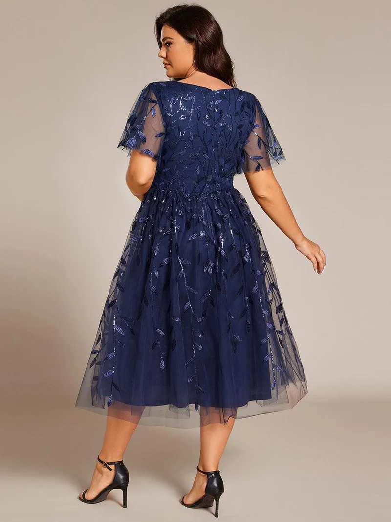 ever SIMONE|Robe d'invité de mariage formelle mi-longue à paillettes et feuilles à manches courtes