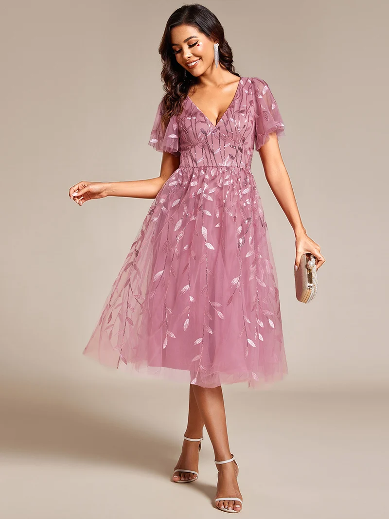 ever SIMONE|Robe d'invité de mariage formelle mi-longue à paillettes et feuilles à manches courtes