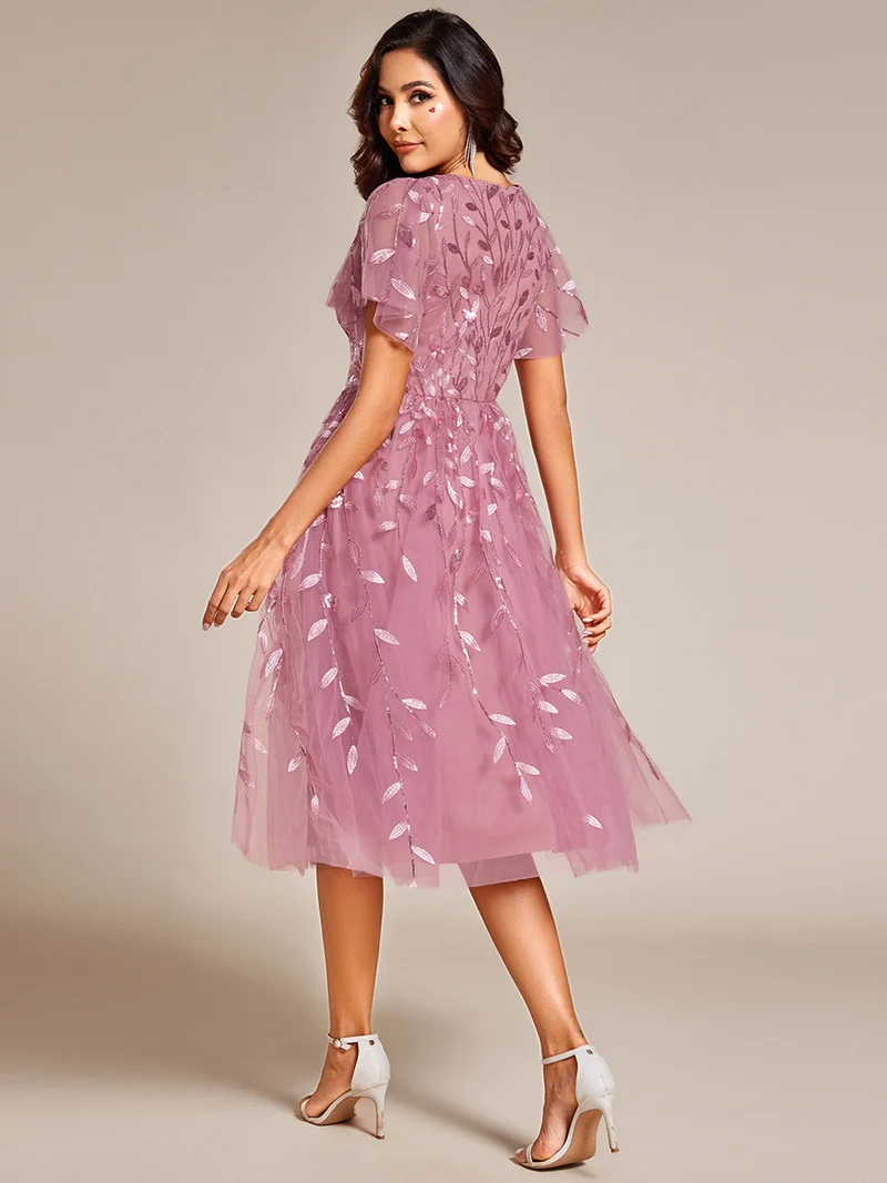ever SIMONE|Robe d'invité de mariage formelle mi-longue à paillettes et feuilles à manches courtes