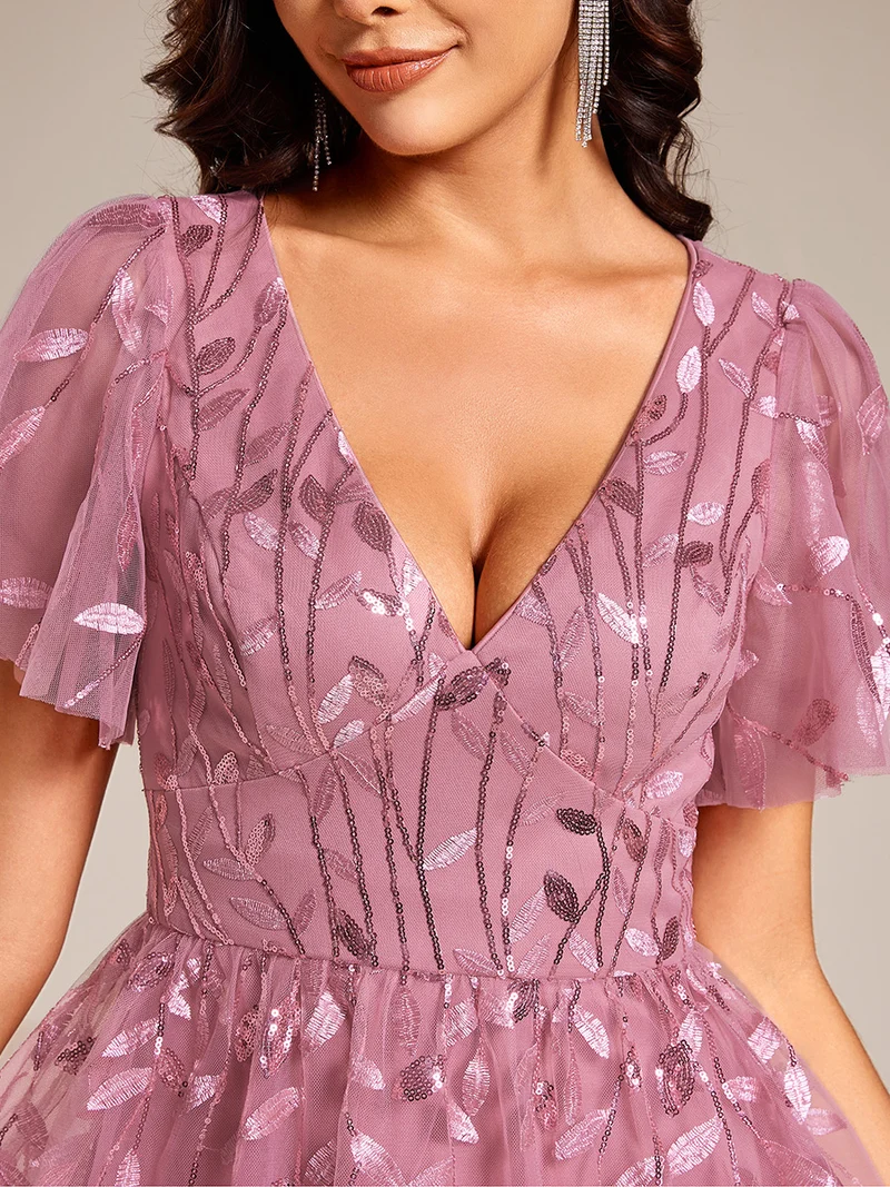 ever SIMONE|Robe d'invité de mariage formelle mi-longue à paillettes et feuilles à manches courtes