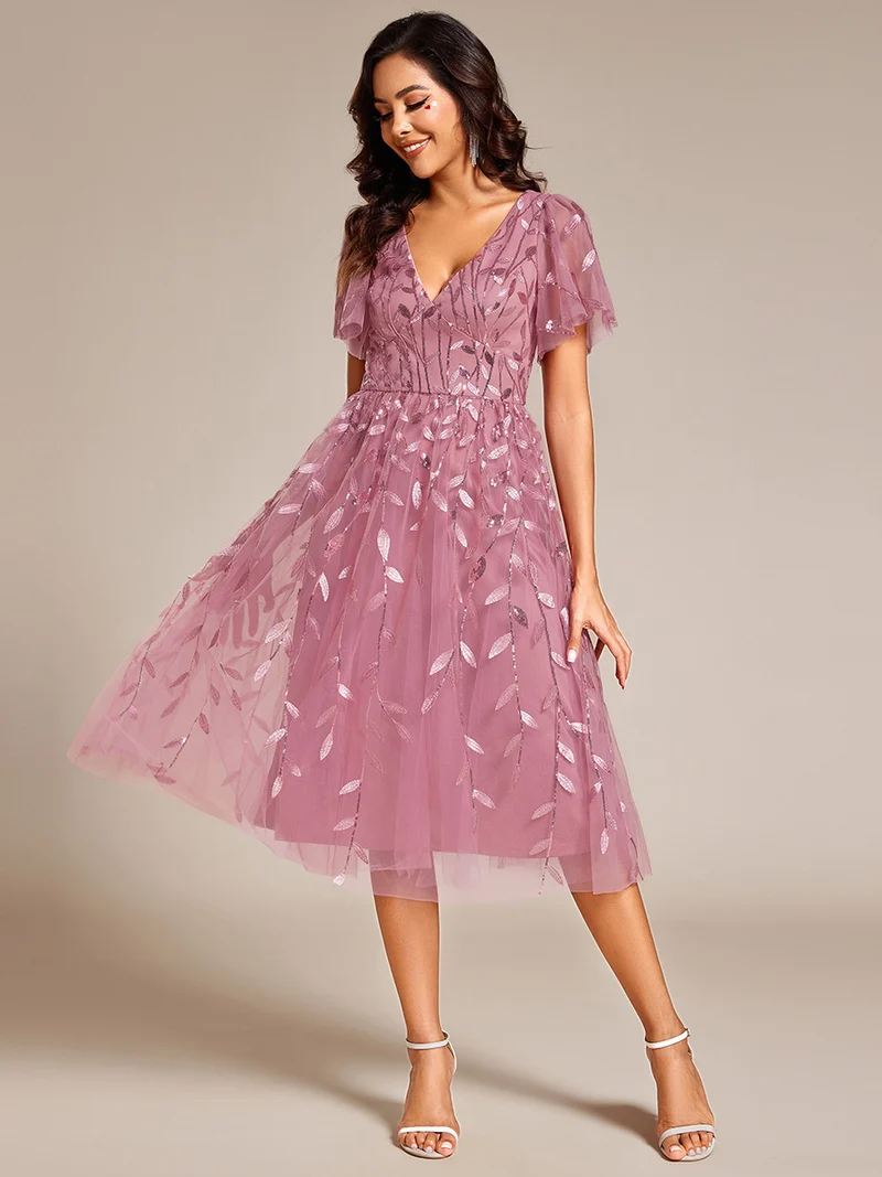 ever SIMONE|Robe d'invité de mariage formelle mi-longue à paillettes et feuilles à manches courtes